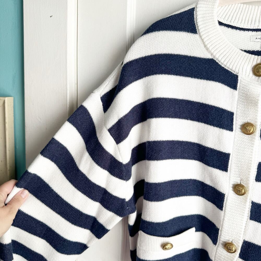 American Eagle Navy Striped Cropped Crewneck Cardigan NWT XL Preppy Nautical - Picture 7 of 15
